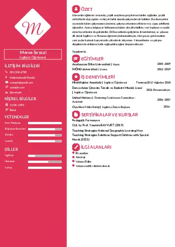 Yabancı Dil Öğretmeni Cv Örnekleri cv indir